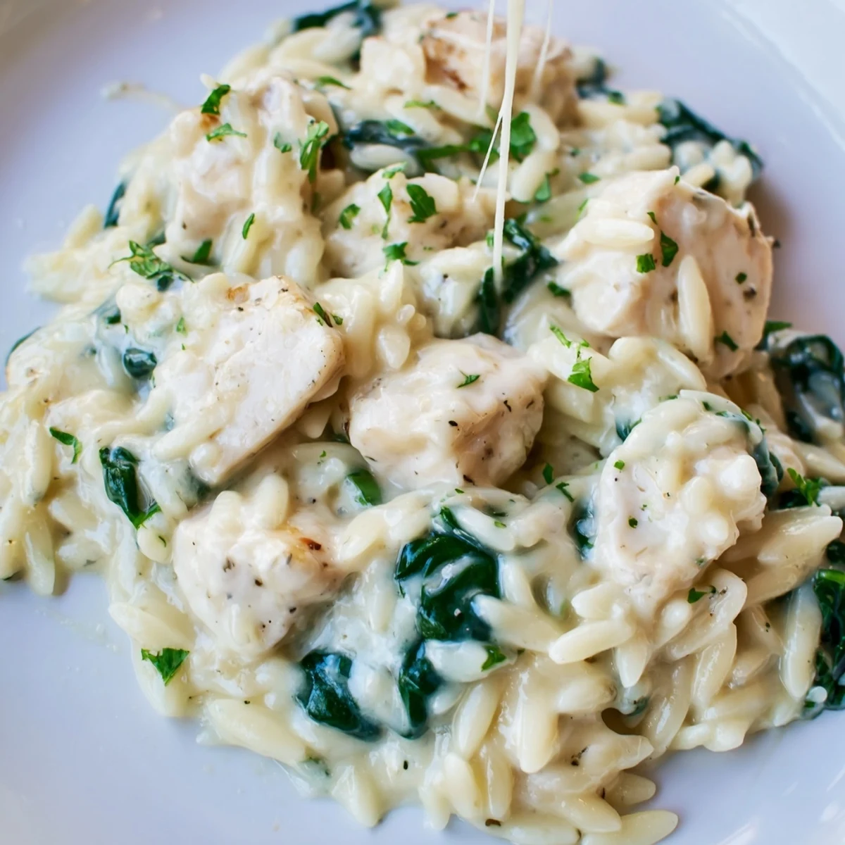 Creamy garlic butter Pepper Jack chicken orzo topped with melted spicy cheese and fresh wilted spinach in a rustic skillet