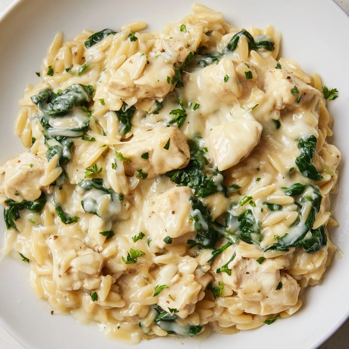 Golden brown chicken pieces nestled in rich Pepper Jack orzo pasta with vibrant green spinach and parsley garnish