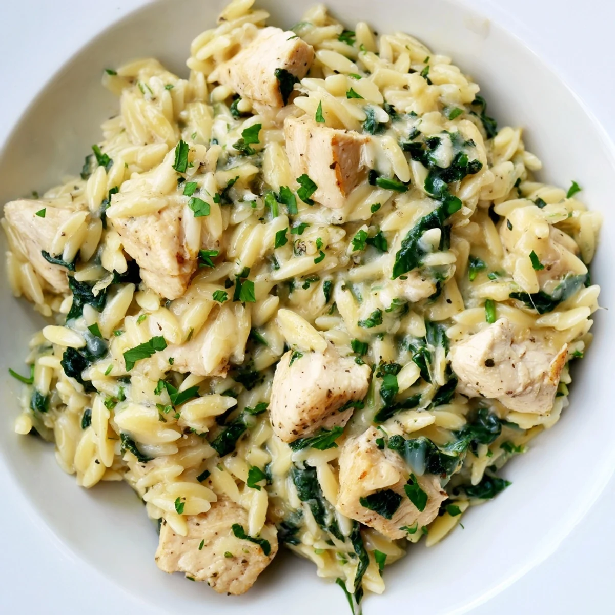 One-pan creamy chicken orzo dish featuring tender pasta, spicy melted Pepper Jack cheese, and tender spinach leaves served hot