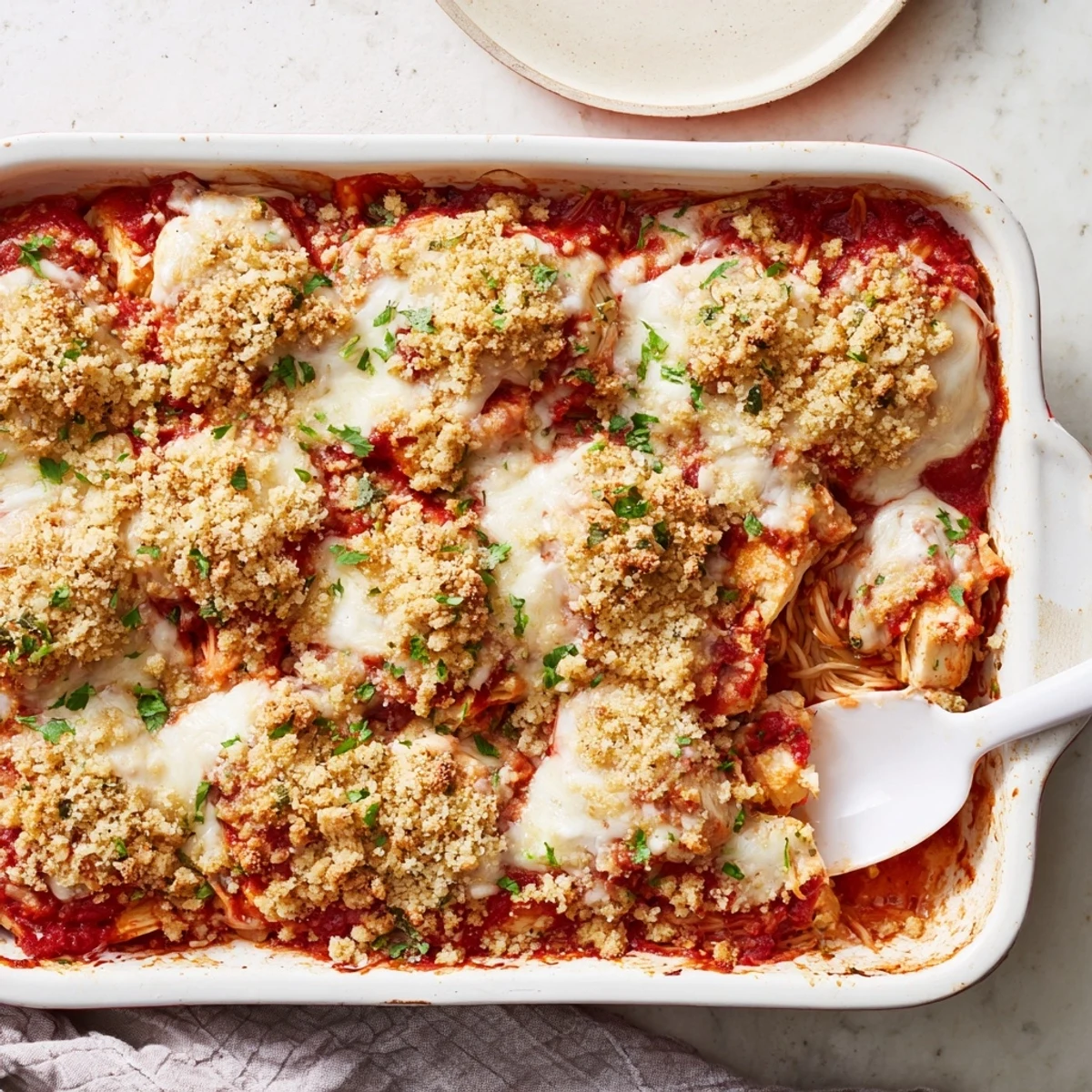 Golden chicken parmesan casserole with bubbling marinara sauce and melted mozzarella cheese topping