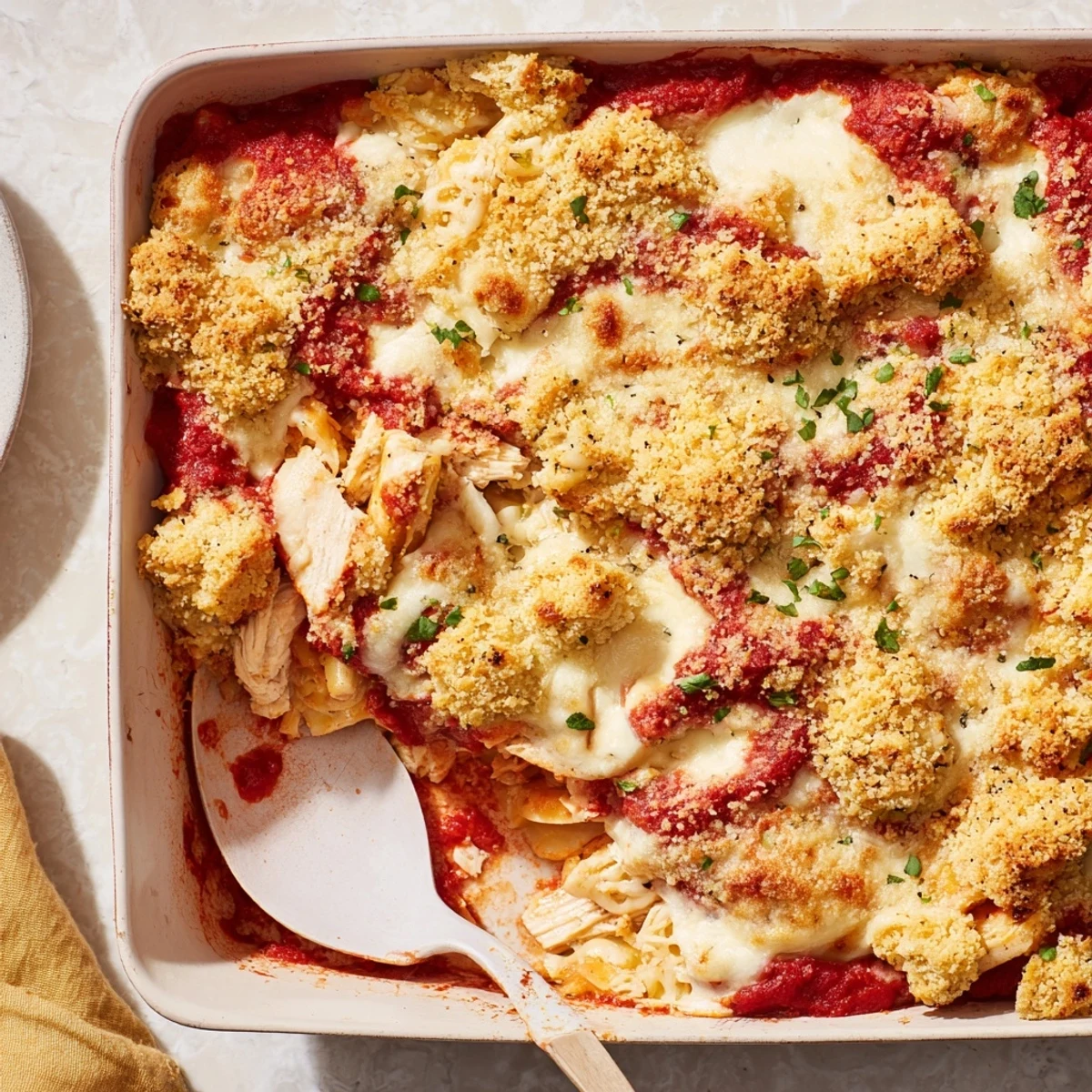 Baked chicken parmesan casserole dish topped with crispy buttery breadcrumbs and fresh parsley