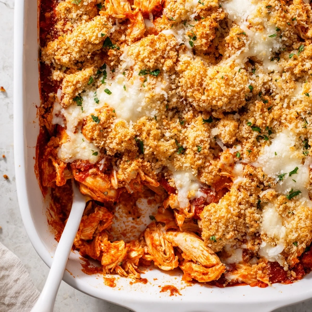 Family style chicken parmesan casserole featuring layers of gooey cheese and tangy tomato sauce