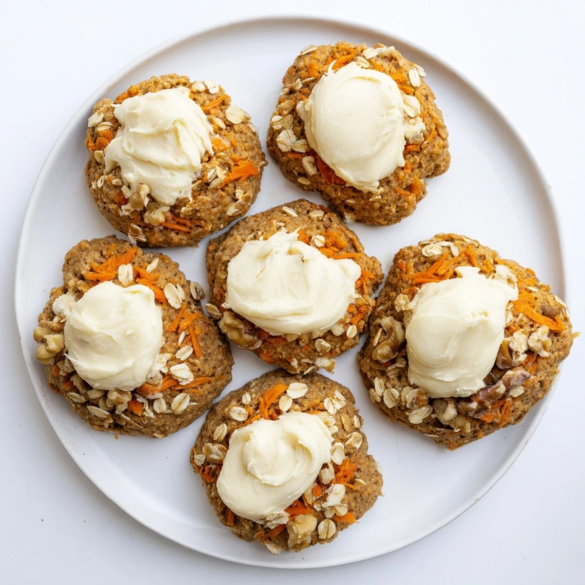 Soft baked carrot cake cookies topped with creamy white frosting and chopped walnuts