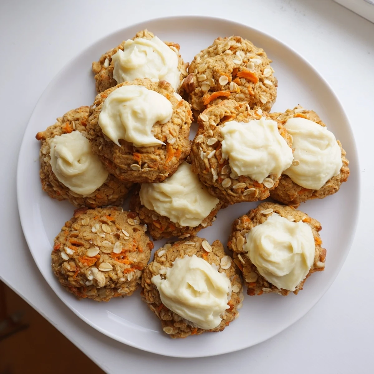 Golden spiced carrot cake cookies with visible grated carrot pieces and rolled oats