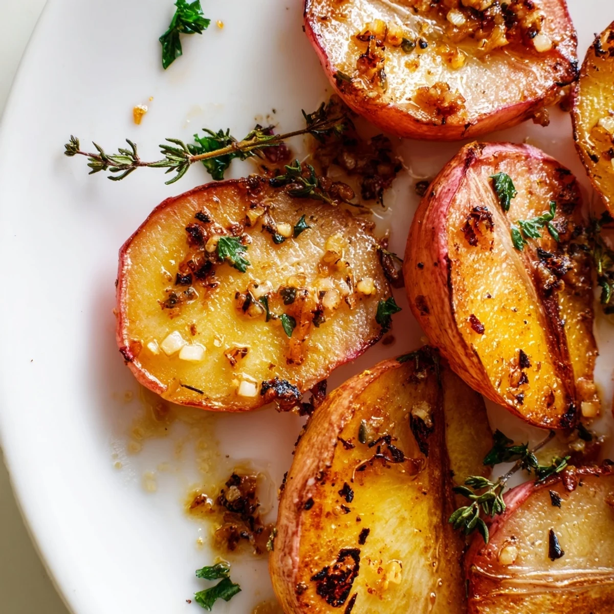 Savory garlic herb roasted radishes arranged on a rustic baking sheet with parsley sprinkles