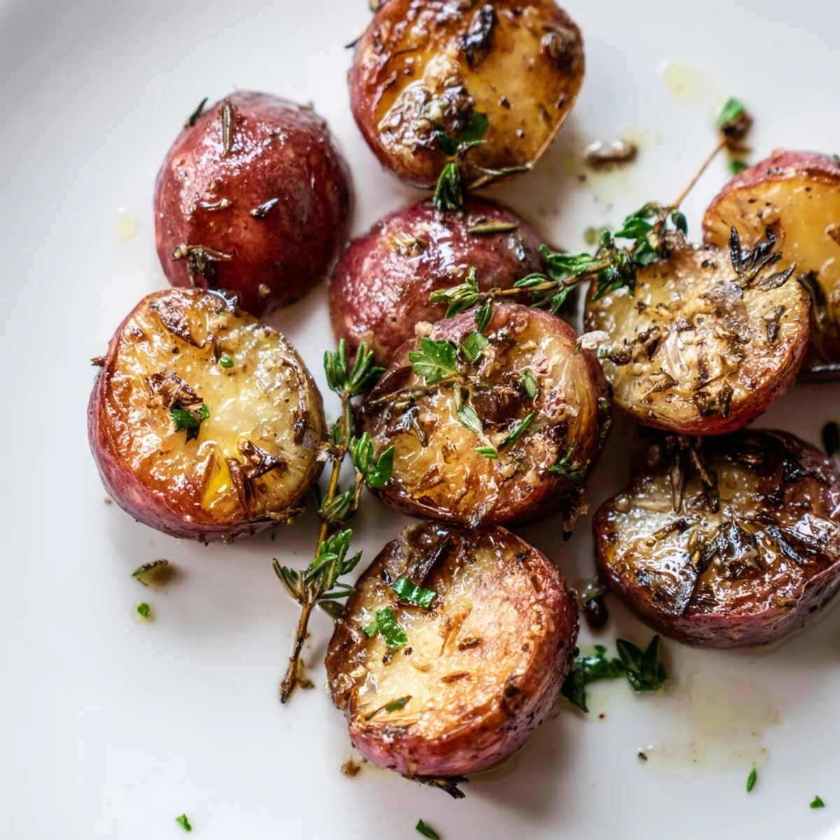 Tender low-carb radishes roasted until caramelized with fresh thyme and rosemary garnish