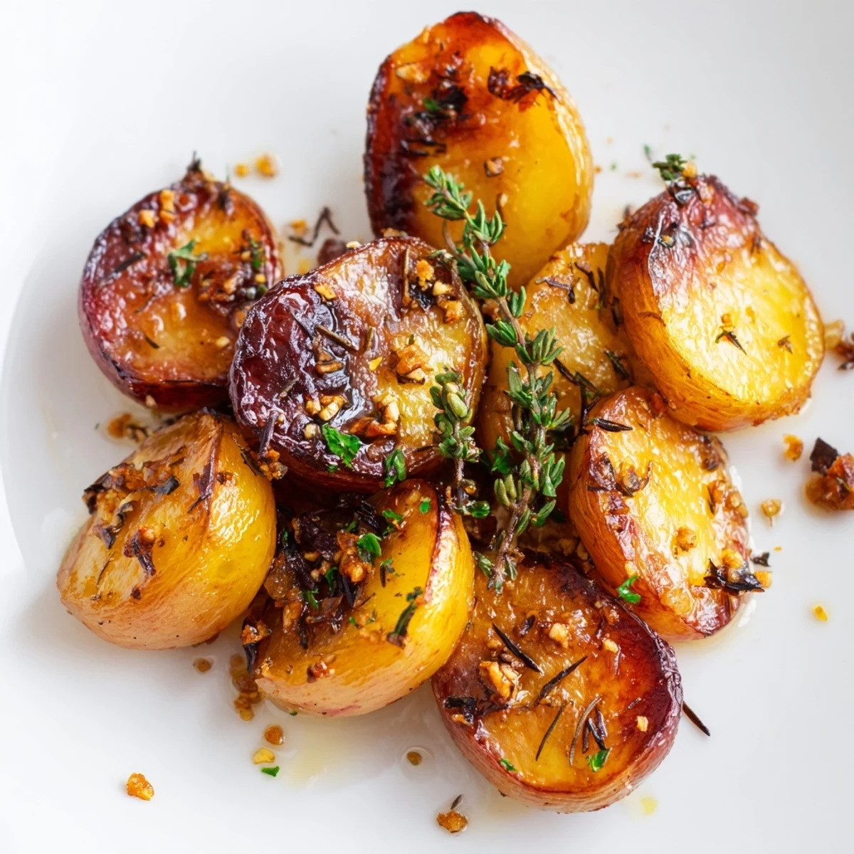Golden brown roasted radishes tossed with aromatic garlic and herbs on a white serving plate