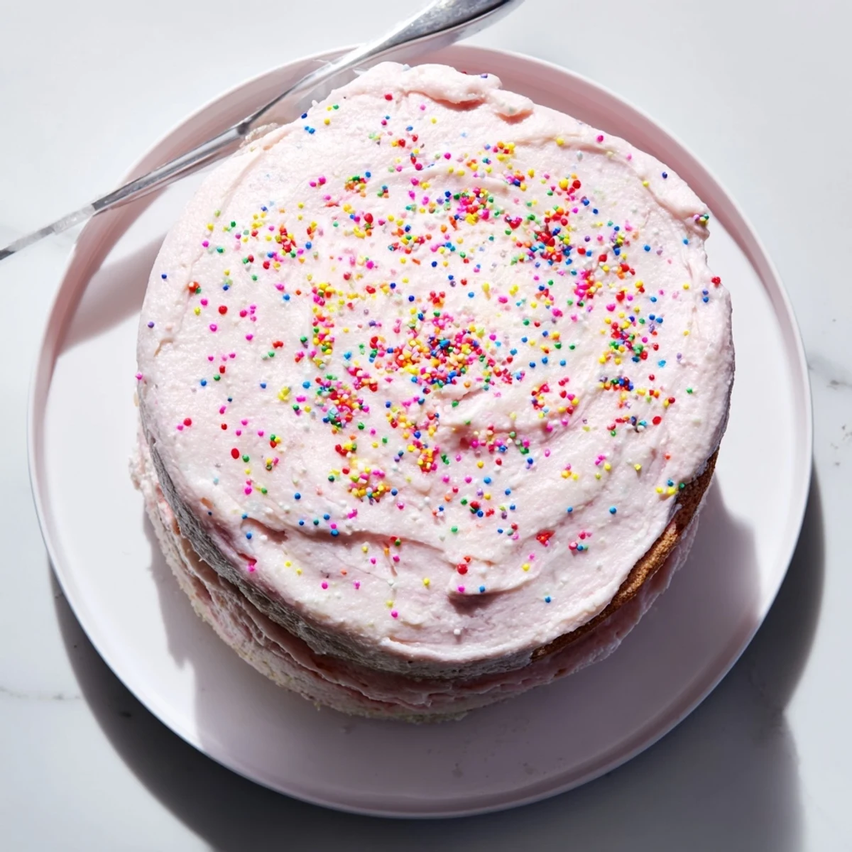 Whimsical birthday dessert featuring soft strawberry cake studded with rainbow sprinkles beneath creamy frosting