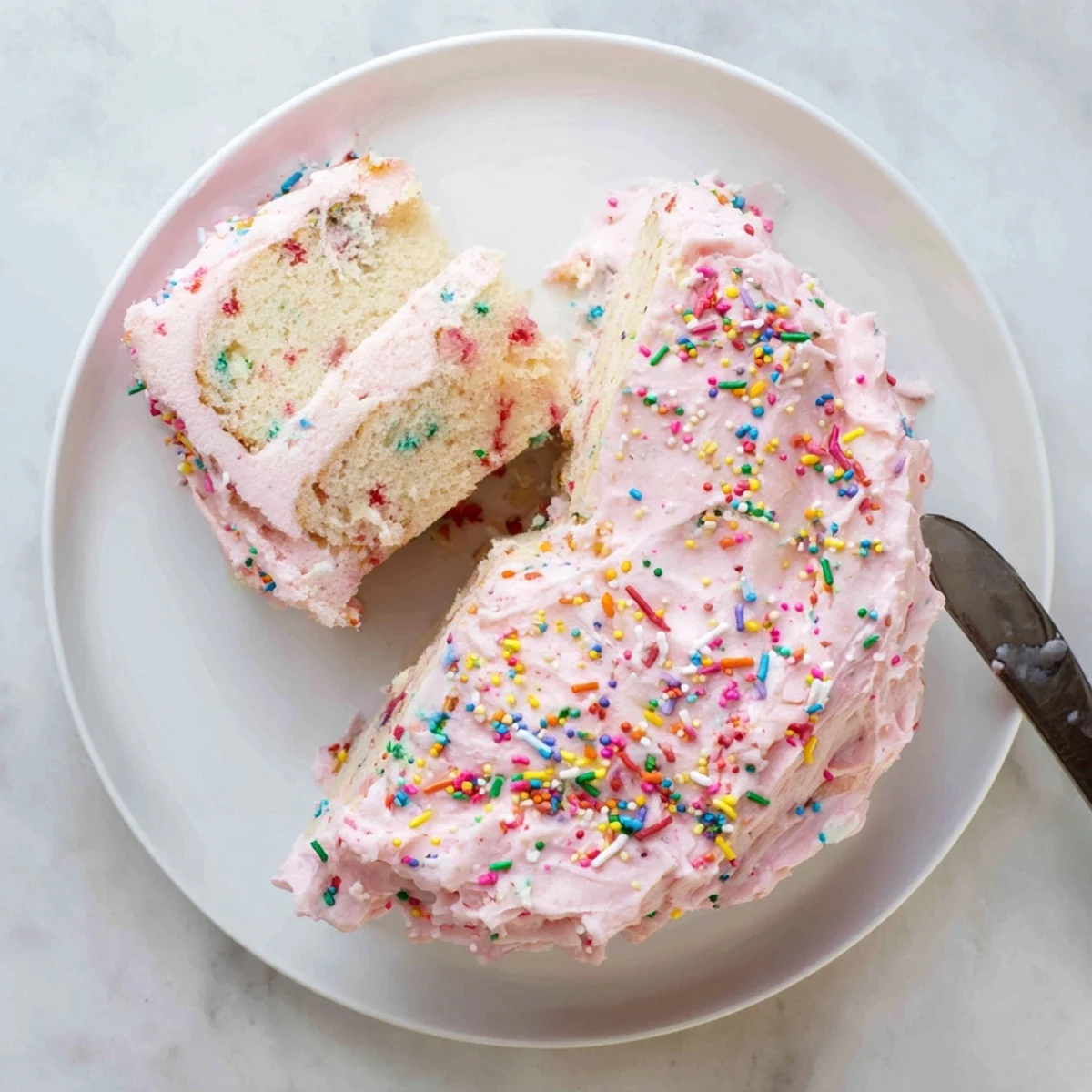 Layered strawberry funfetti cake topped with pink strawberry buttercream and colorful sprinkles