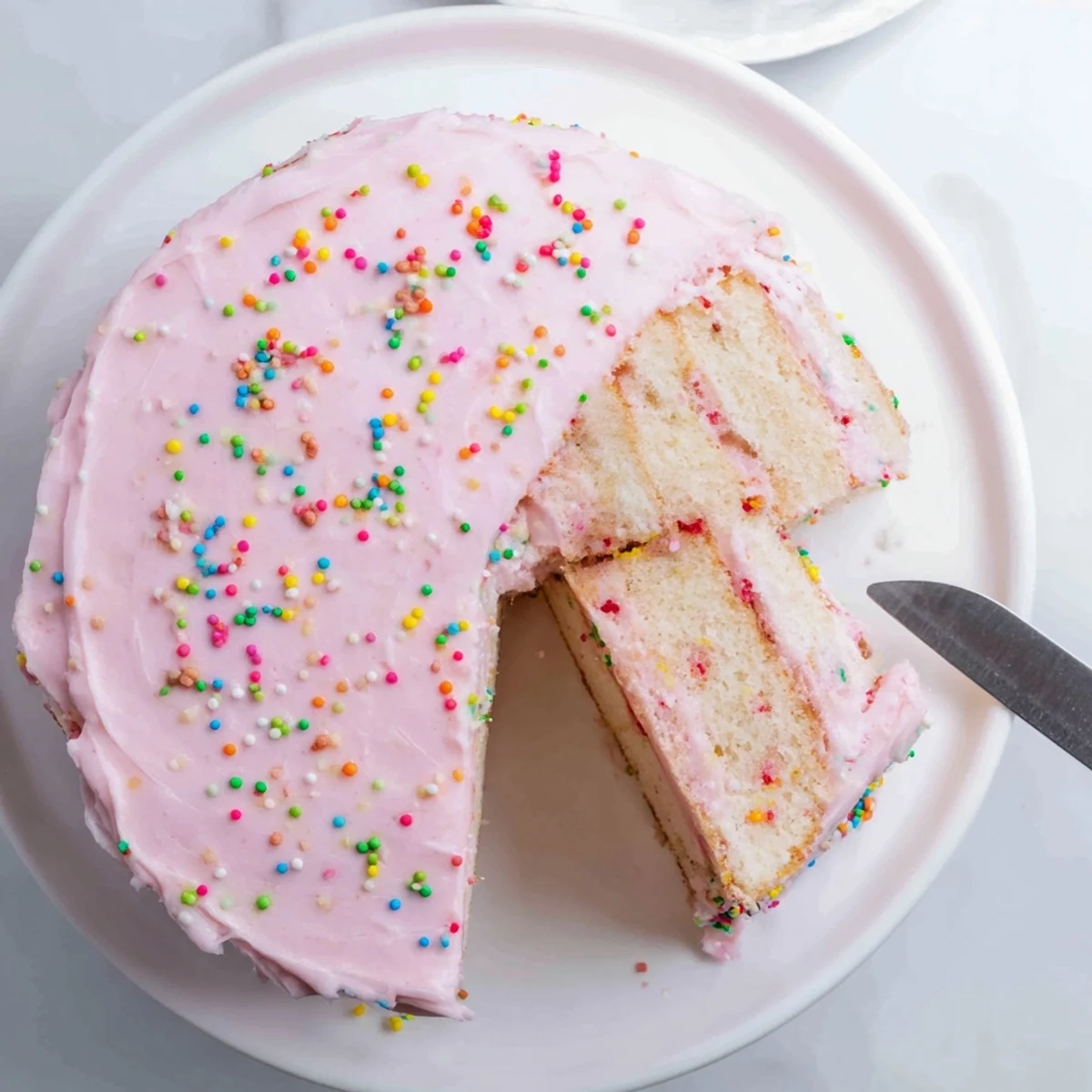 Pink frosted strawberry funfetti cake sliced to reveal tender crumb and vibrant confetti sprinkles