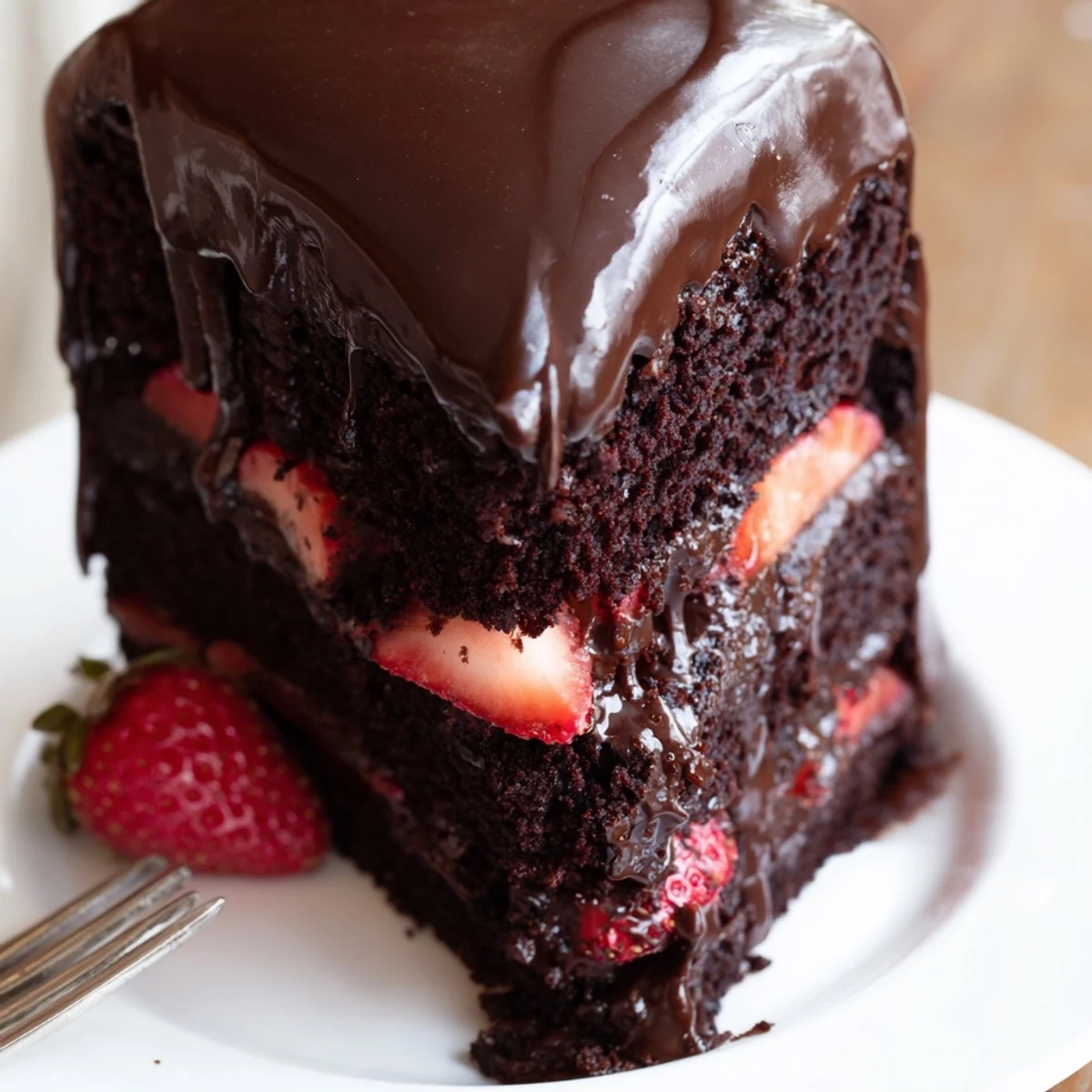 Rich strawberry chocolate cake drizzled with smooth chocolate ganache and topped with vibrant fresh strawberries