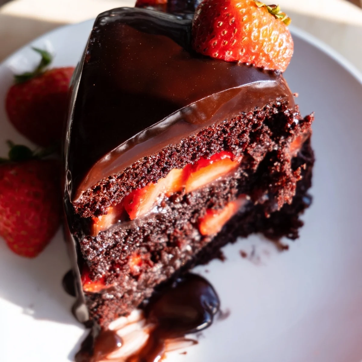 Decadent strawberry chocolate cake featuring glossy ganache layers and fresh sliced strawberry topping