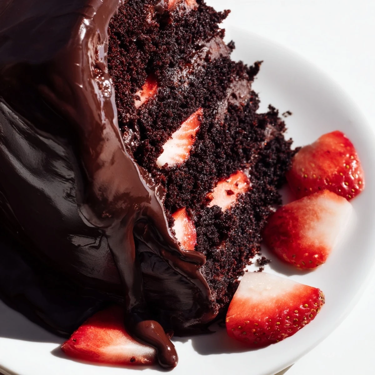 Moist chocolate cake filled with luscious strawberry chocolate ganache and decorated with ripe berries