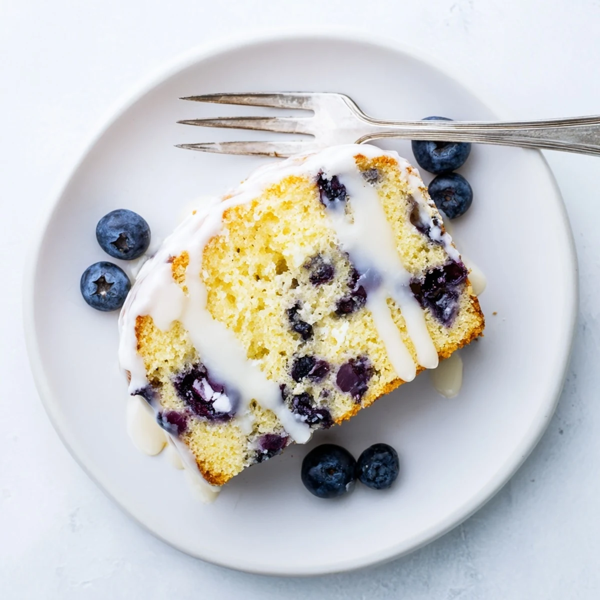 Moist lemon blueberry cake slice revealing purple-studded crumb with tangy citrus glaze dripping down sides