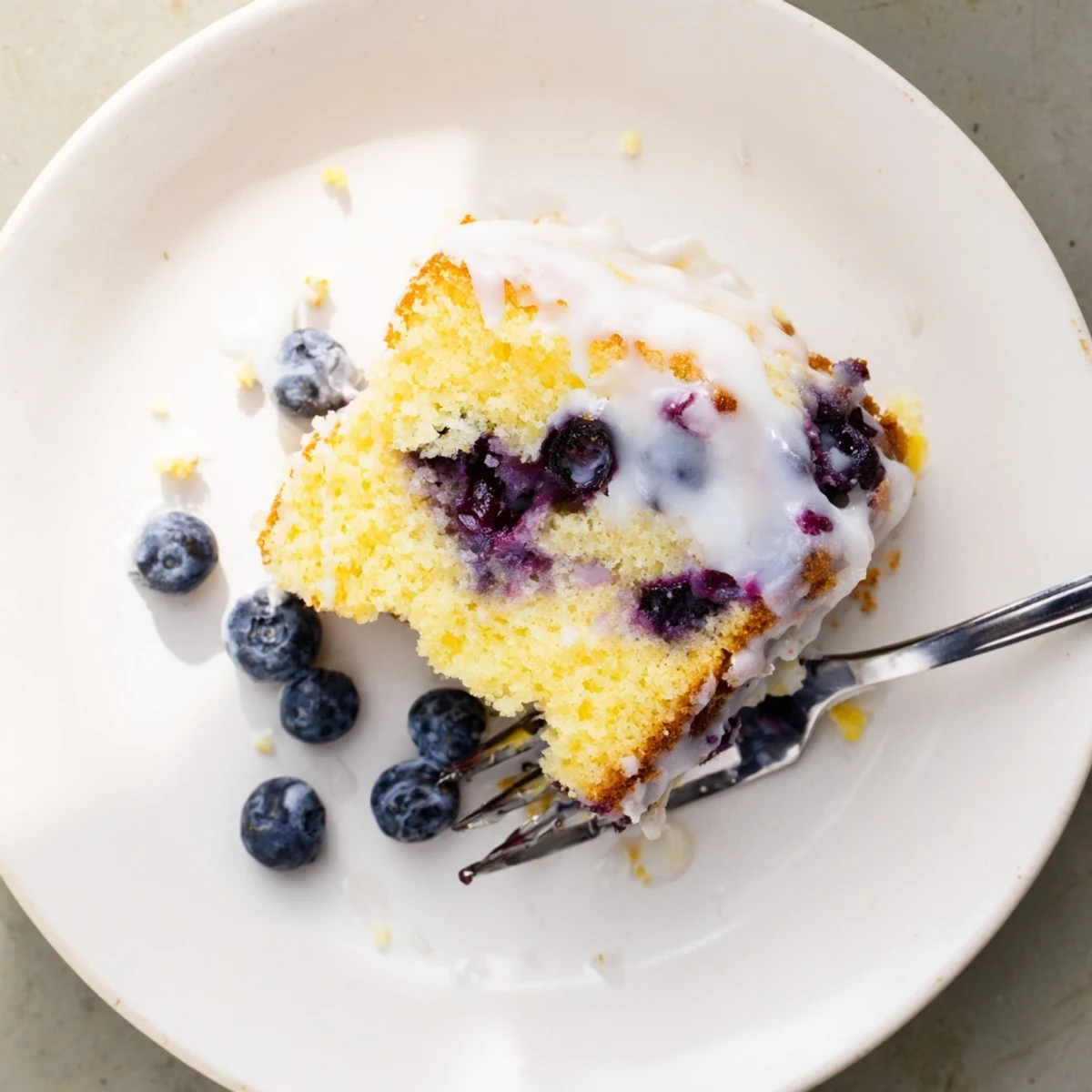 Baked lemon blueberry cake topped with sweet icing and scattered fresh blueberries on white platter
