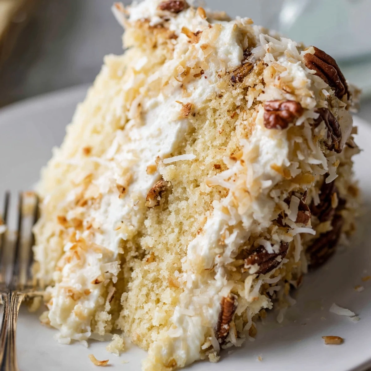 Golden slice of quick Italian cream cake topped with coconut pecans and creamy frosting