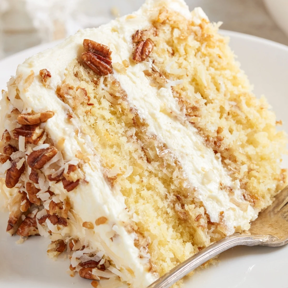 Slice of tender Italian cream cake showing shredded coconut pecans and velvety white frosting