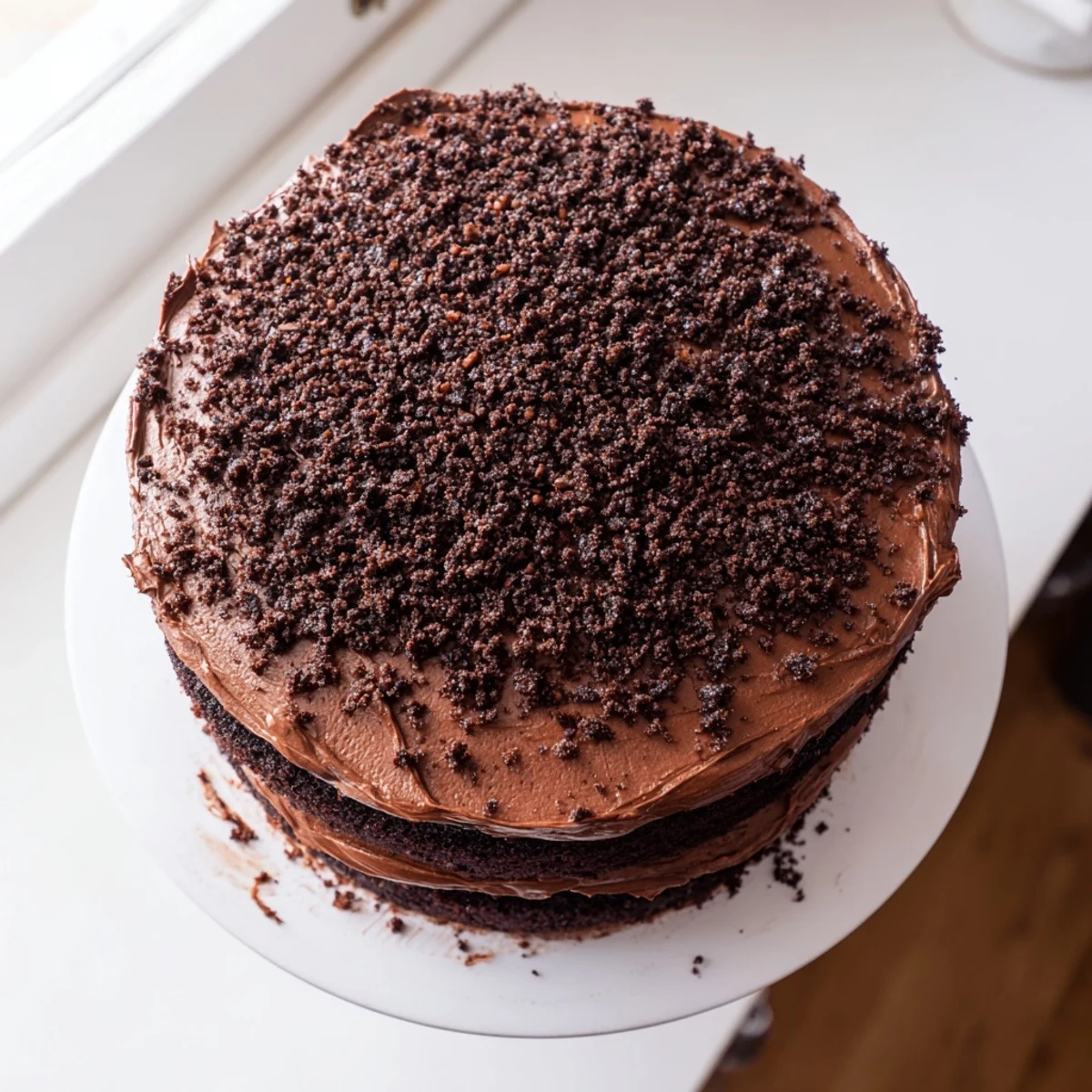 Decadent Matildas Chocolate Cake layered with rich cocoa frosting on a white serving plate