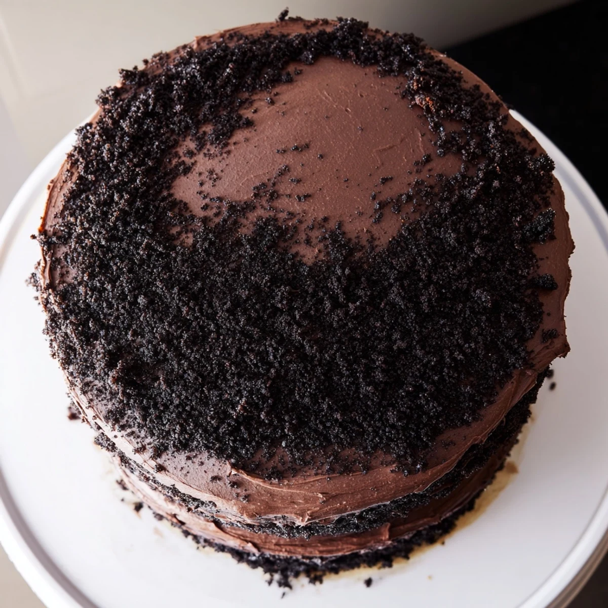 Two-layer Matildas Chocolate Cake with smooth chocolate frosting spread generously over rounded sides