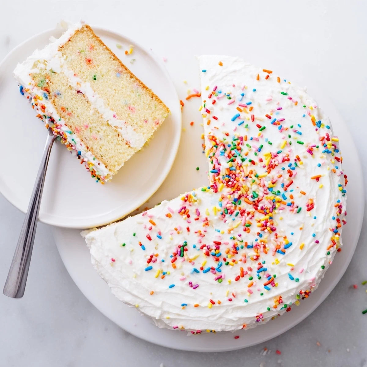 Festive Funfetti cake with rainbow sprinkles baked into fluffy vanilla layers topped with creamy white buttercream