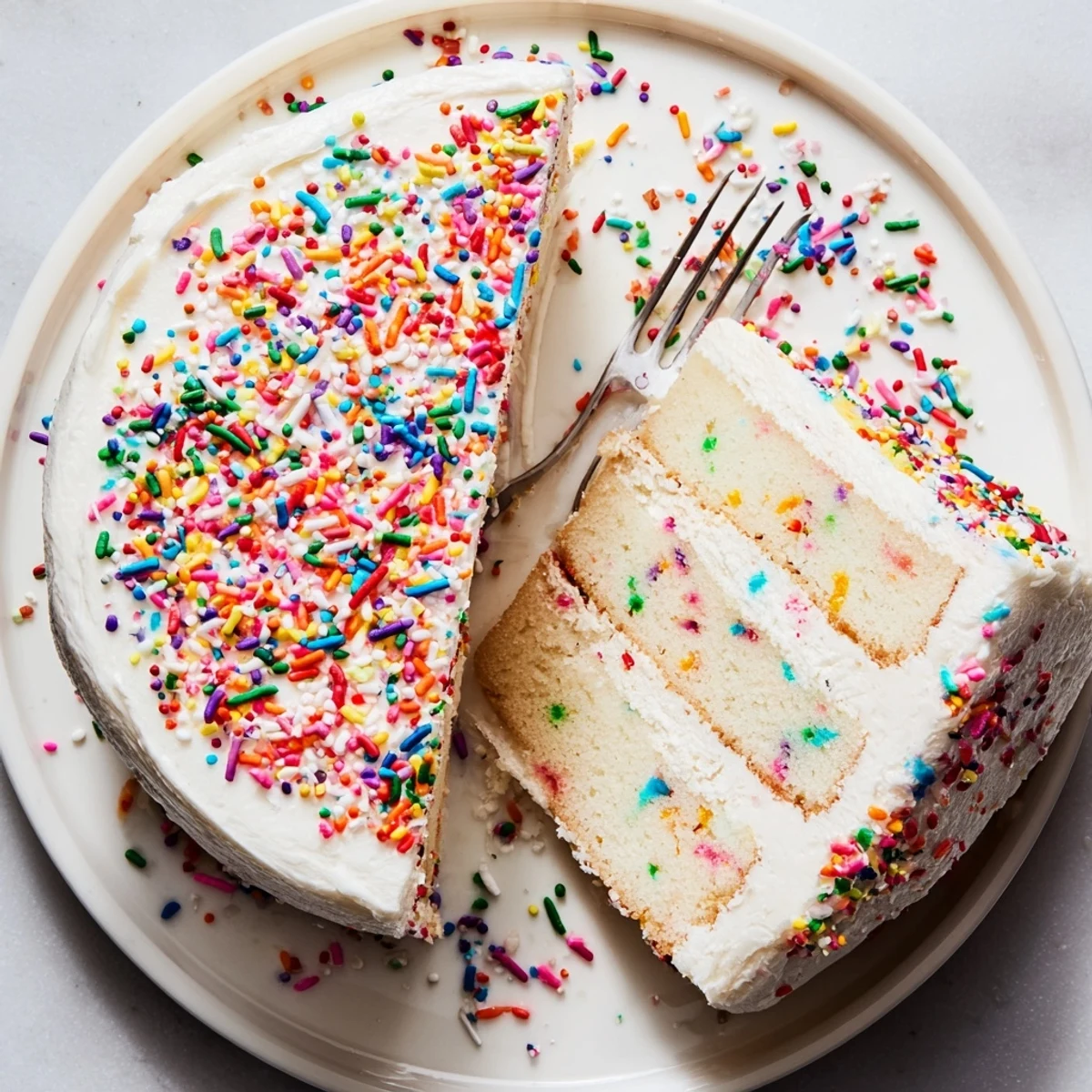 Slice of colorful Funfetti cake showing speckled rainbow sprinkles throughout the tender white cake crumb