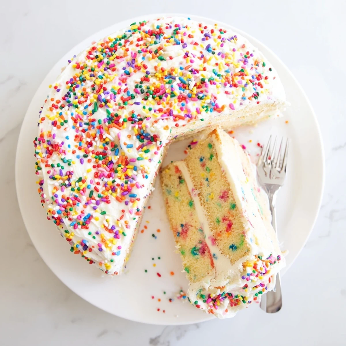 Two-layer Funfetti cake generously frosted with vanilla buttercream and decorated with vibrant rainbow sprinkles on top