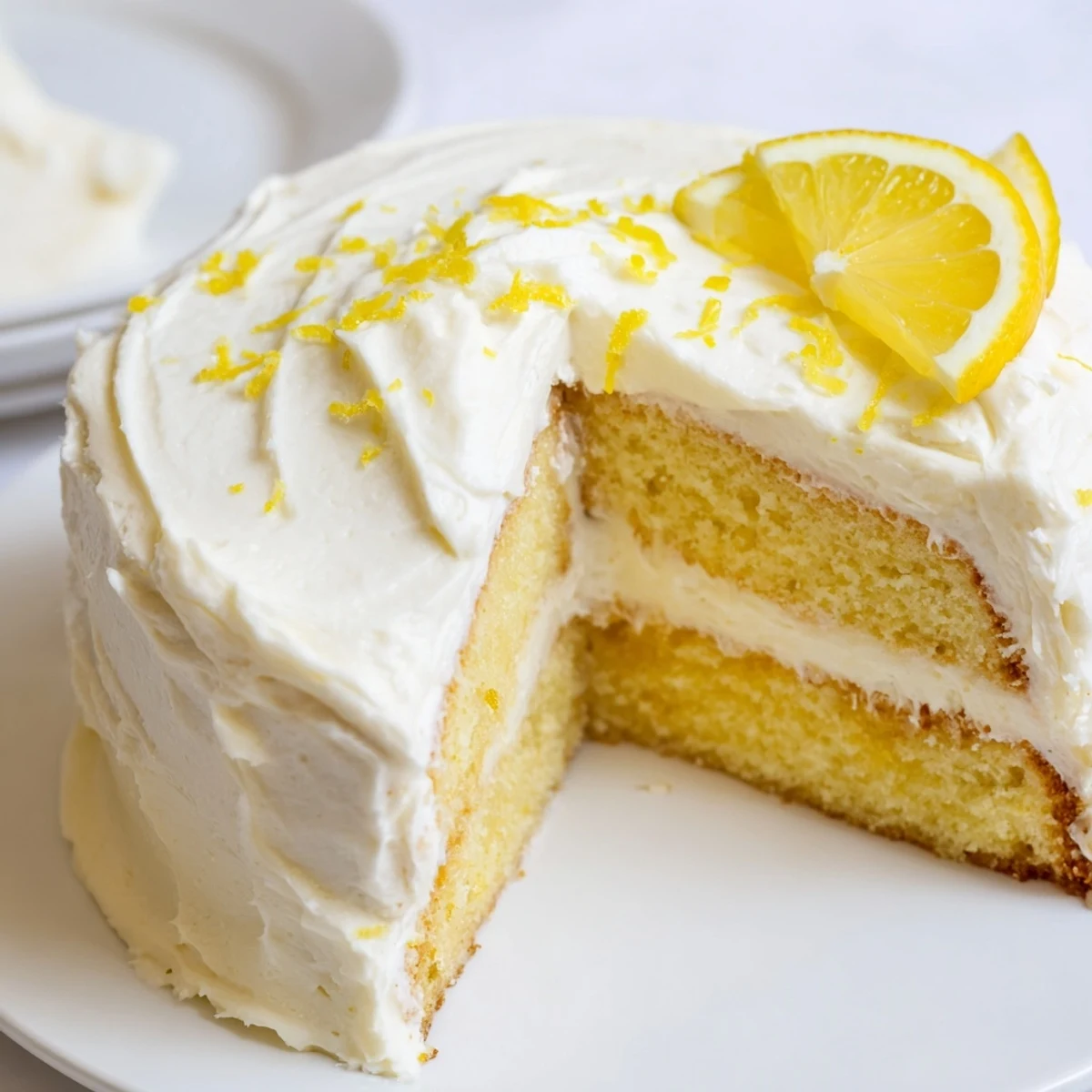 Tall lemon birthday cake with fluffy cream cheese frosting and bright citrus garnish