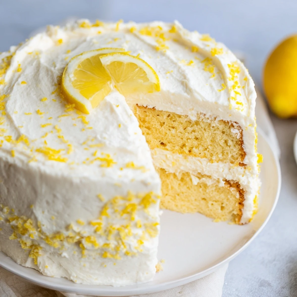 Festive layered lemon birthday cake topped with creamy tangy frosting and fresh lemon slices