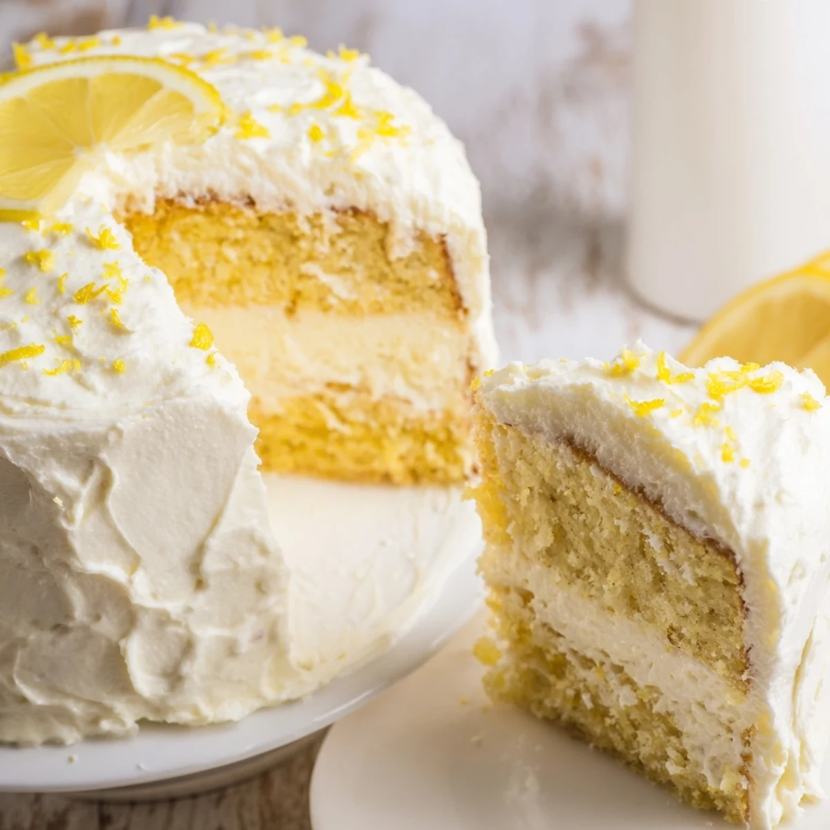 Golden lemon birthday cake layers swirled with zesty cream cheese frosting and edible decorations