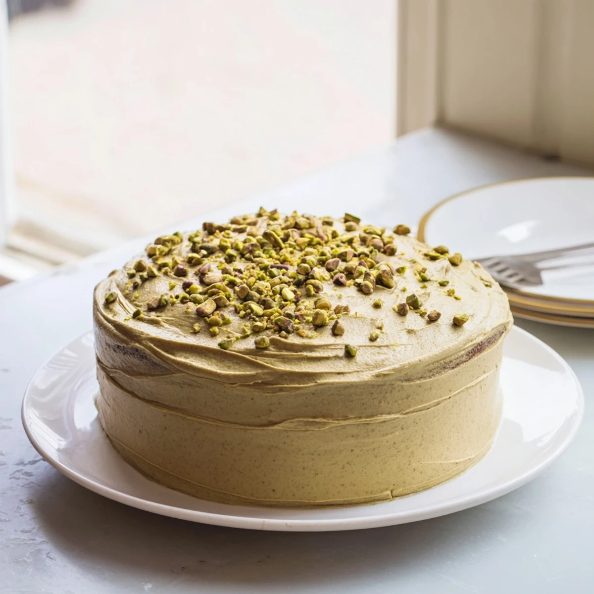 Golden pistachio cake layered with creamy green pistachio buttercream frosting, topped with chopped nuts