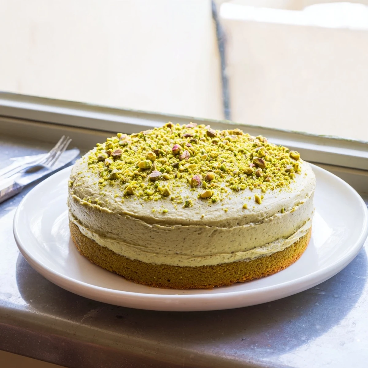 Slice of moist pistachio cake with thick pistachio buttercream on a white dessert plate