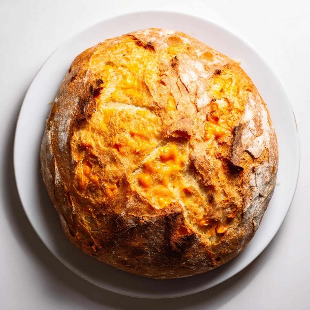 Golden no knead cheddar bread loaf with crisp crust and visible cheese flecks