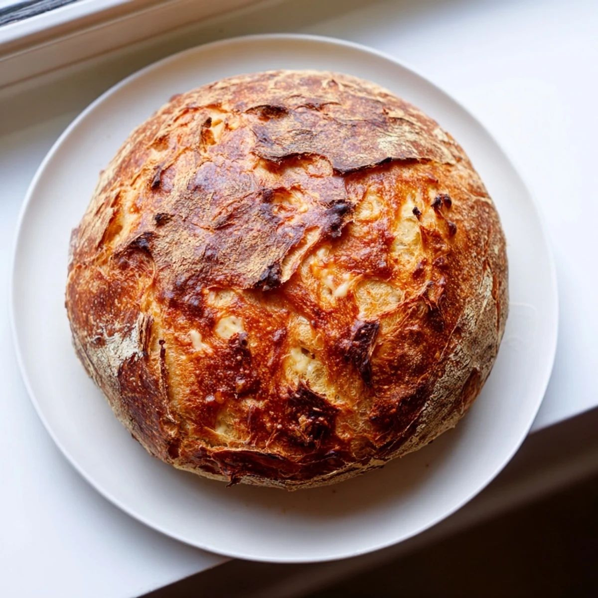 Rustic no knead cheddar bread sliced on wooden board with melting cheese strands
