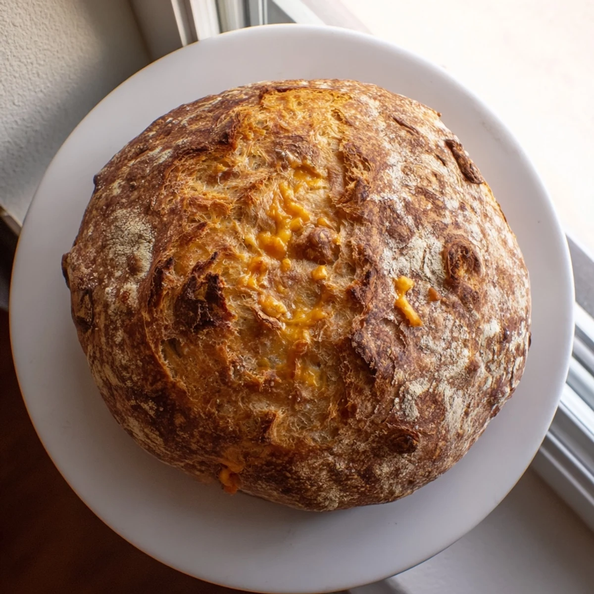 Freshly baked no knead cheddar bread with golden crumb and sharp cheddar aroma