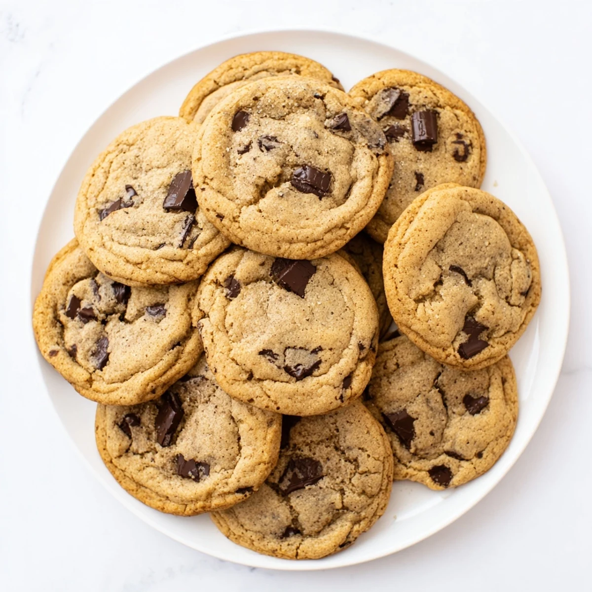 Golden brown butter chocolate chip cookies with melted chocolate chunks and crispy edges