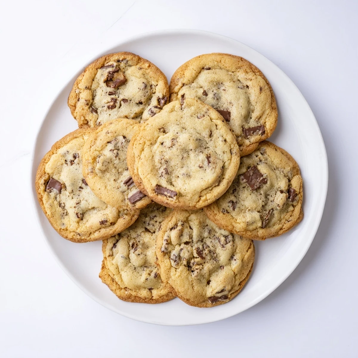 Chewy brown butter chocolate chip cookies stacked on wooden board with glass of milk