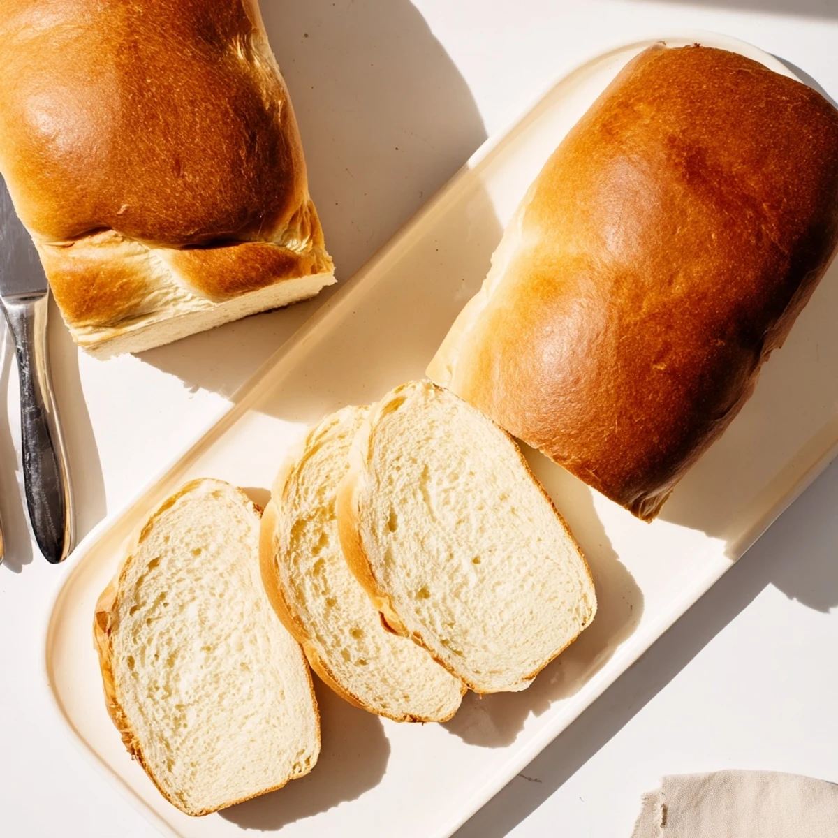 Two golden loaves of homemade Amish white bread cooling on a wire rack