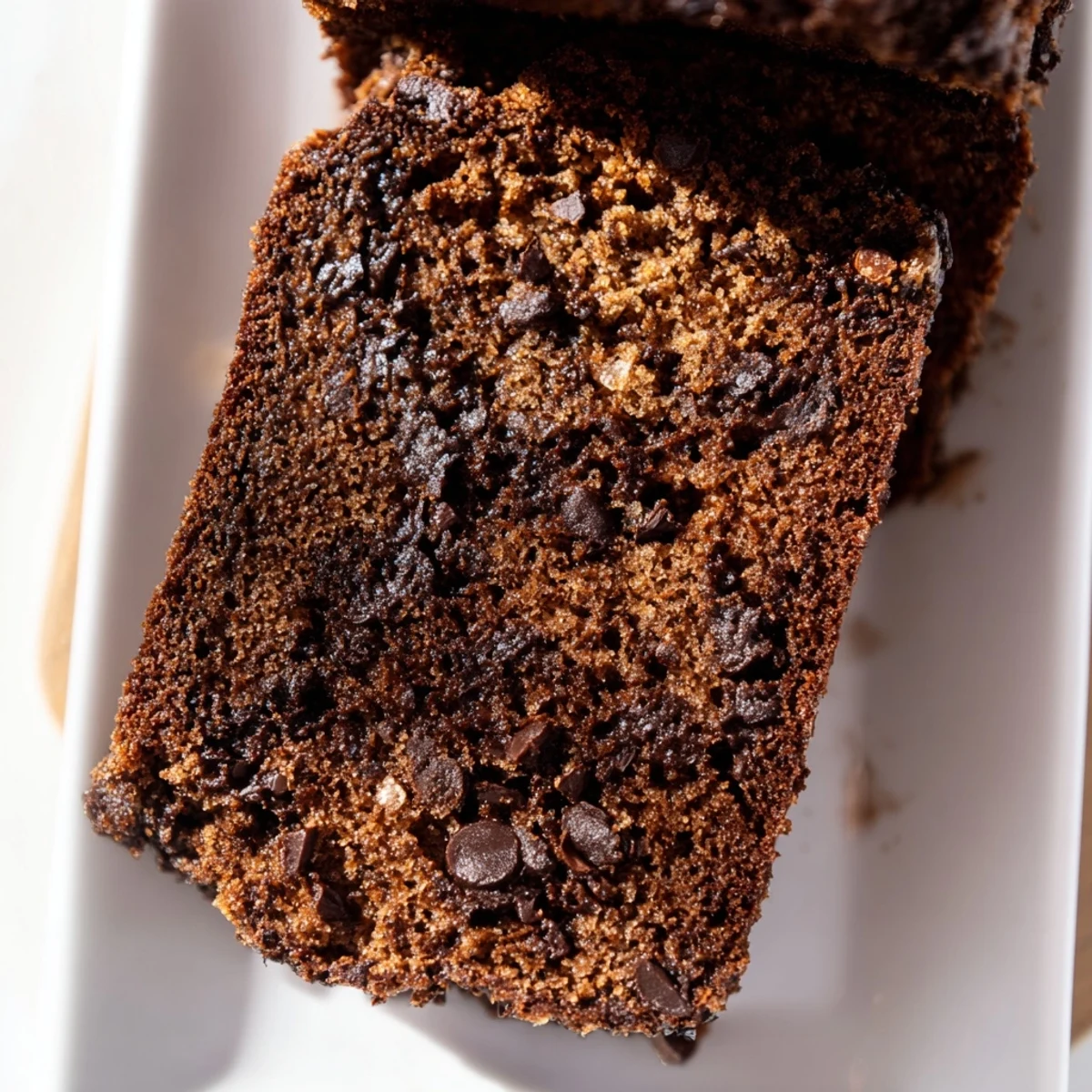 Moist chocolate espresso banana bread loaf topped with extra chocolate chips, freshly sliced for serving