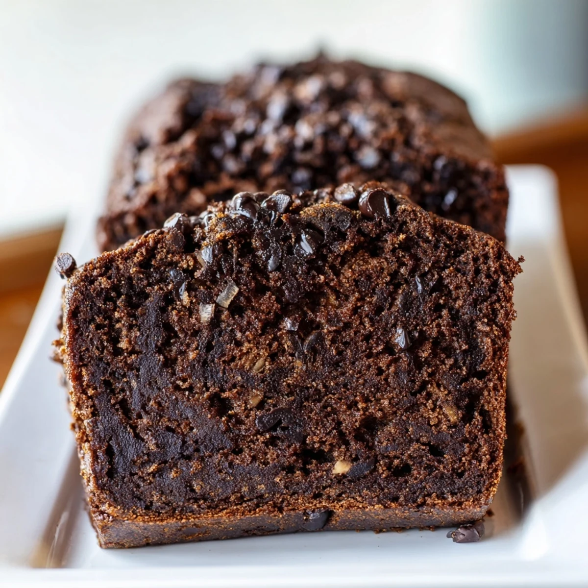Thick slice of chocolate espresso banana bread with melted dark chocolate chips on a white plate