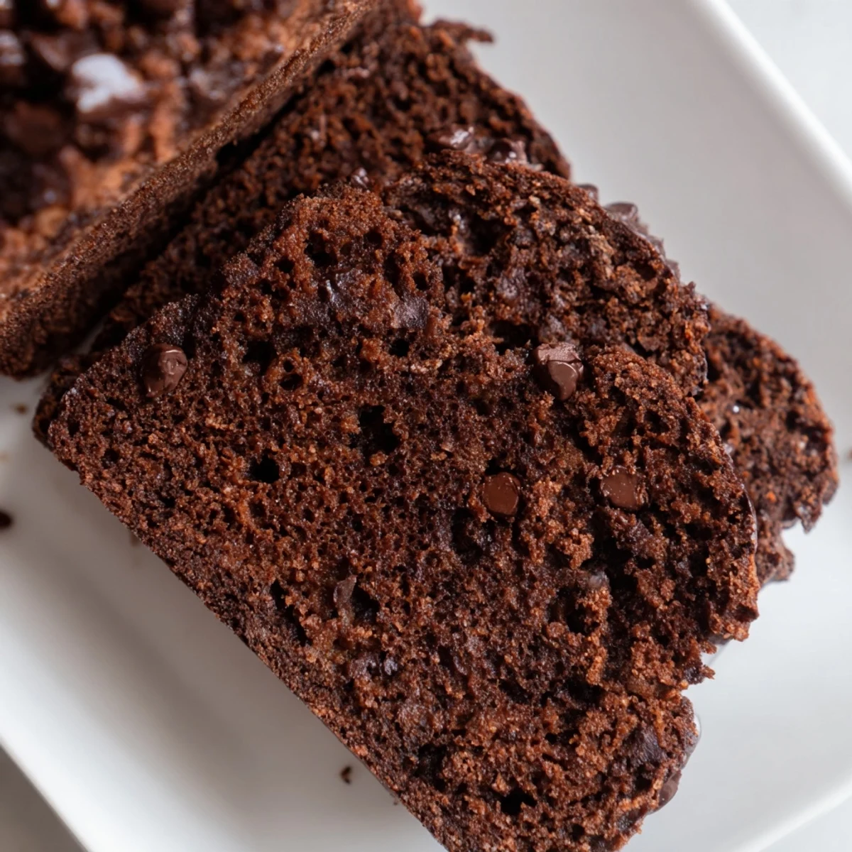 Rich dark chocolate espresso banana bread close-up showing moist texture and scattered chocolate chunks