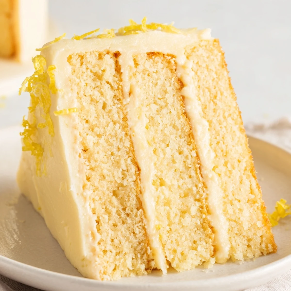 Triple layer lemon layer cake with white buttercream frosting and fresh lemon zest garnish on white plate