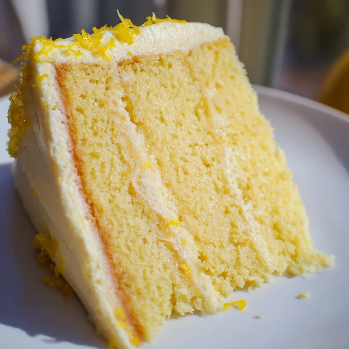 Tall lemon layer cake sliced to reveal zesty curd filling between fluffy yellow sponge layers