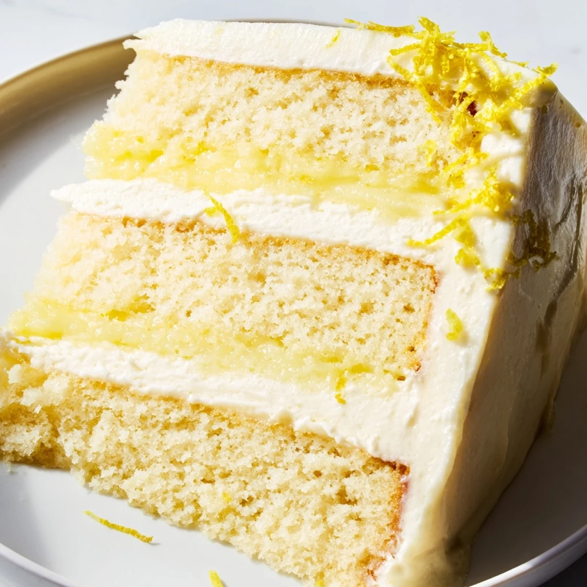 Golden lemon layer cake with tart lemon curd filling and smooth buttercream on rustic wooden board