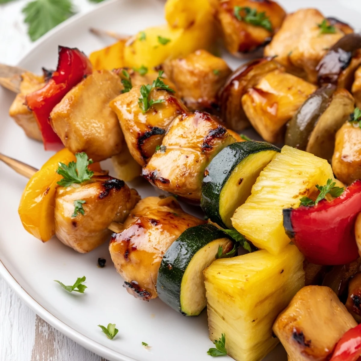 Grilled Chicken Kabobs With Pineapple And Zucchini stacked on rice, garnished with cilantro
