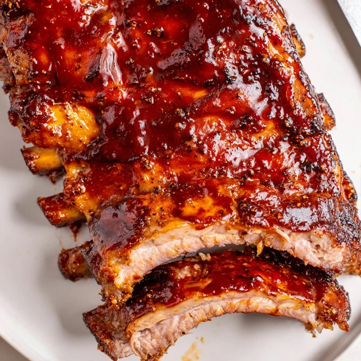 Grilled Ribs glazed in sticky barbecue sauce, smoky char and tender slices