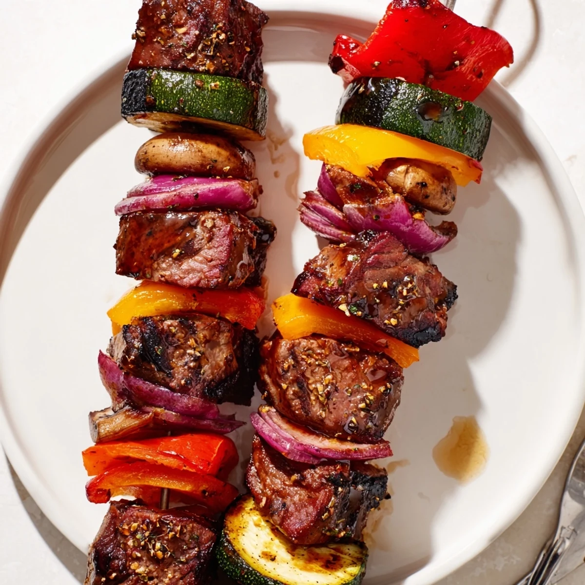 Grilled Steak Kabobs glistening with char, colorful peppers and onion slices