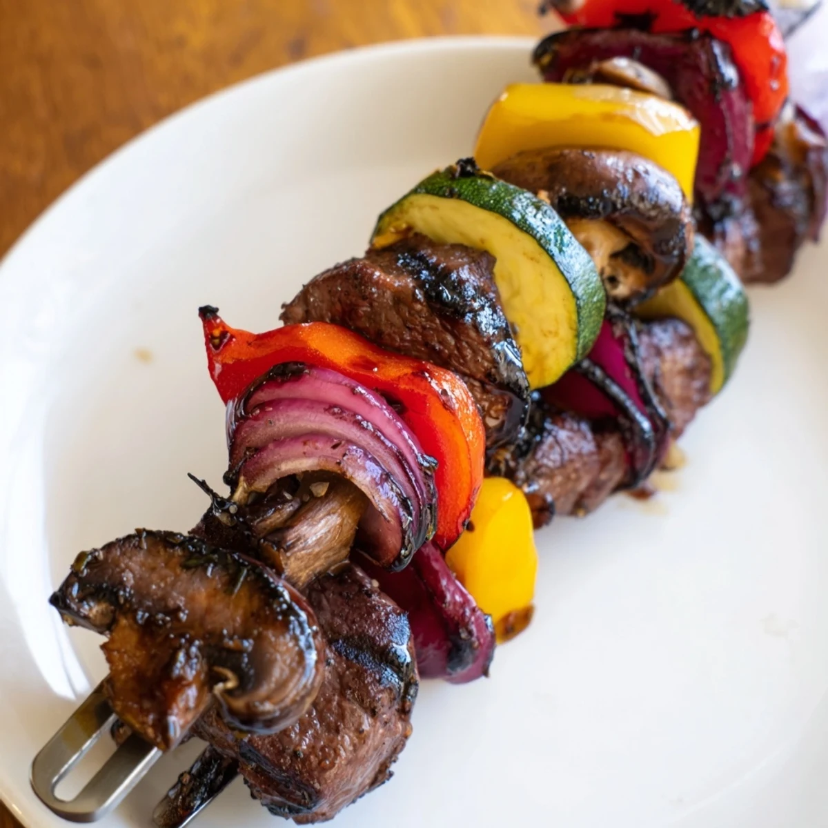 Marinated Steak Kabobs sizzling on grill, juicy beef cubes and zucchini