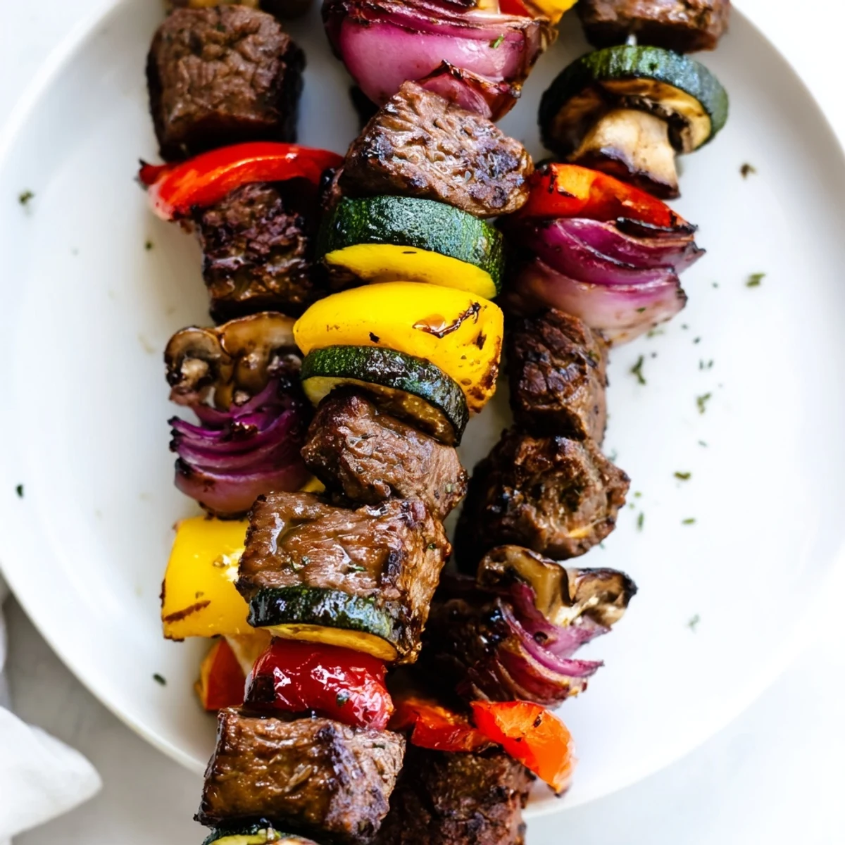 Family-style Steak Kabobs served over rice, smoky aroma and tender bites