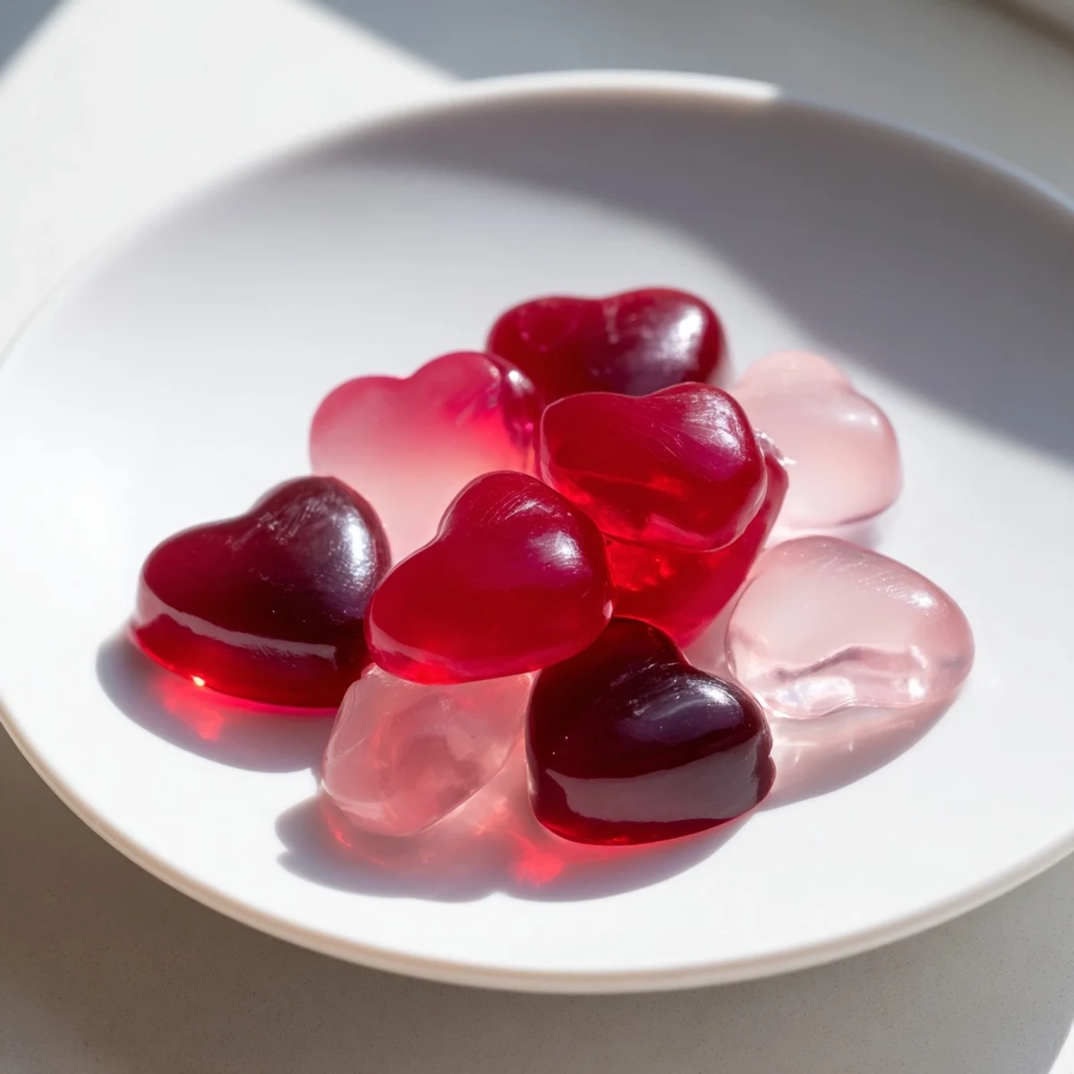 Chewy homemade raspberry gummy snacks arranged on a white plate, showcasing their vibrant red color and jewel-like appearance.