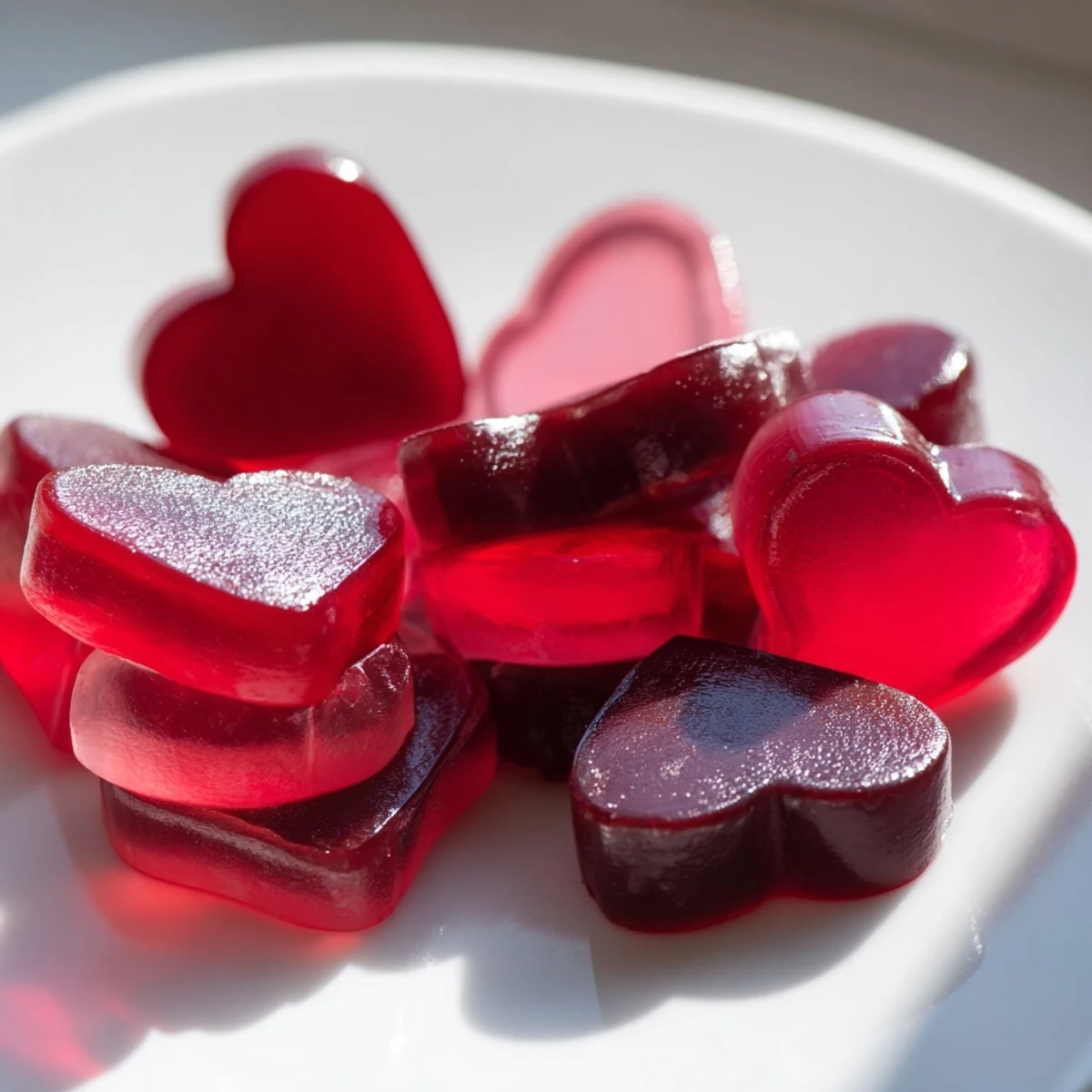 Hand holding a heart-shaped homemade raspberry gummy snack against a blurred kitchen background, highlighting the translucent fruit texture.